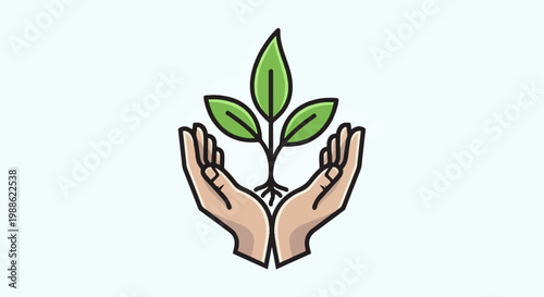 Two cupped hands gently hold a vibrant green seedling with three leaves