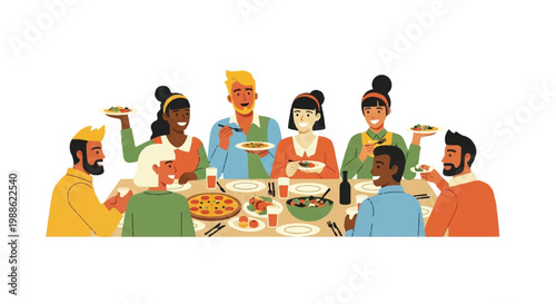 Diverse group enjoying meal together at table vector illustration