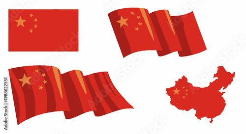 Vector illustration of a 3d red Chinese flag icon set and map shape representing the nation of China as a business symbol for the country in Asia