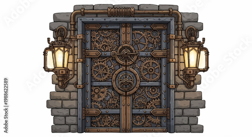 Ornate, mechanical steampunk double doors with glowing lanterns flank a stone wall