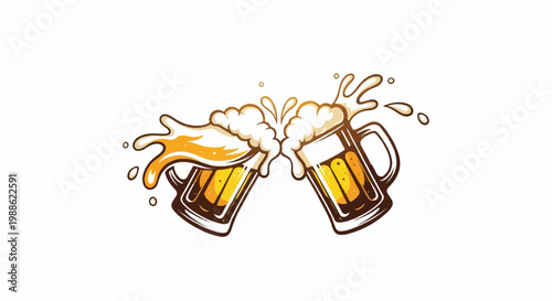 Two frothy beer mugs clinking together, splashing golden liquid