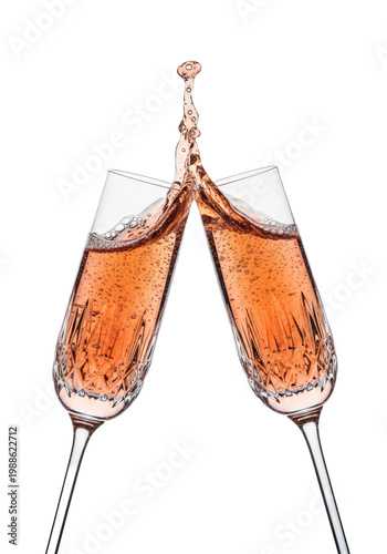 two identical, diamond-cut crystal champagne flutes filled with shimmering pink rosé, touching in a high-speed splash on a white backdrop. concept of opulent celebration