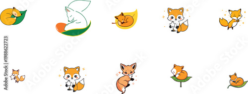 Vector Icon of a Miniature Fox Curled Up on a Glowing Leaf, Outline Style, Minimal, White Background