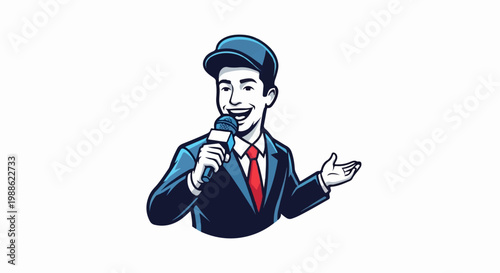 Cheerful announcer in a suit and cap holds a microphone, gesturing with open hand