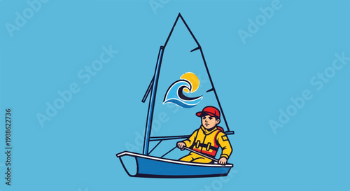 Child with life vest and hat sails a small boat with a wave and sun logo on the sail
