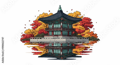 Ornate pagoda reflected in water surrounded by vibrant autumn foliage