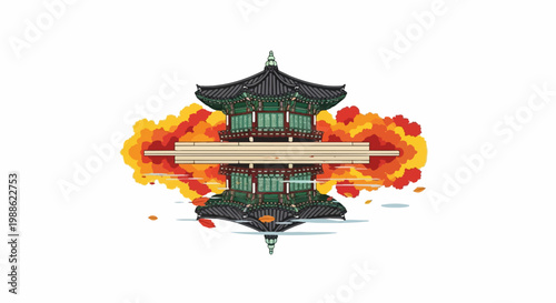 A pixel art pagoda reflected in water with autumn foliage