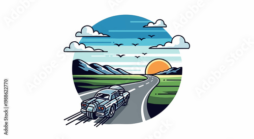 A retro car drives down a winding road towards a sunset, with mountains and birds in the sky