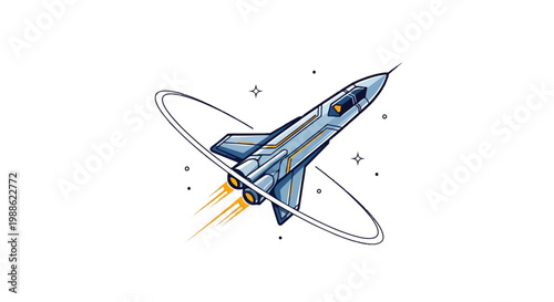 A stylized, sleek spacecraft with glowing orange exhaust trails zooms through space