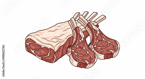 Raw lamb chops and a rack of lamb, presented with a rustic artistic style