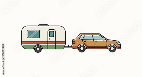 A cartoon style illustration of a brown car towing a camper trailer