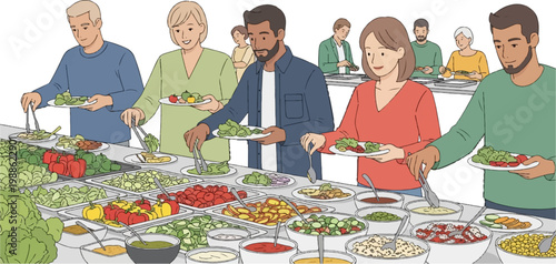 Diverse group of people selecting food from a buffet with many fresh vegetable options