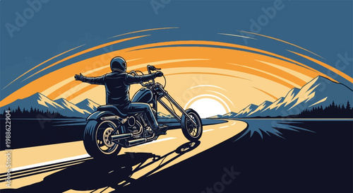 Biker with arms wide open on a motorcycle during a scenic sunset