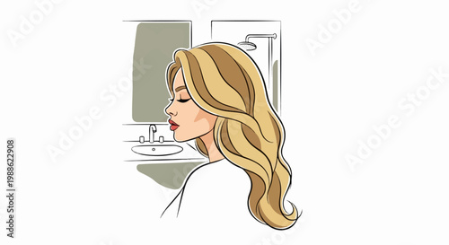A stylized illustration of a woman with flowing blonde hair in a bathroom