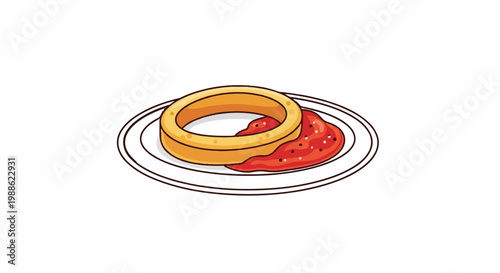 A single, golden-brown, breaded onion ring rests on a white plate beside a dollop of red sauce