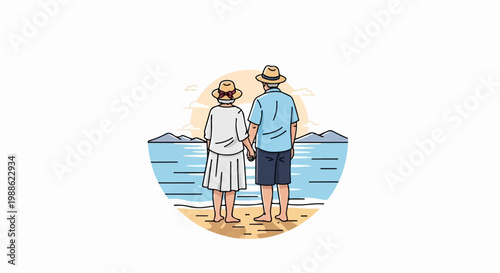 Elderly couple holding hands on a beach, gazing at the ocean during sunset