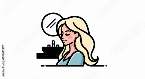 A stylized illustration of a woman with flowing blonde hair, looking down