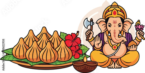 A vibrant illustration of Lord Ganesha seated with offerings, holding religious symbols