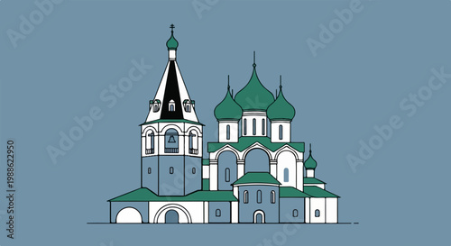 Stylized depiction of an Orthodox church complex with domes and a bell tower on a muted blue background