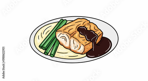 A delicious meal of fish, mashed potatoes, and asparagus with dark sauce