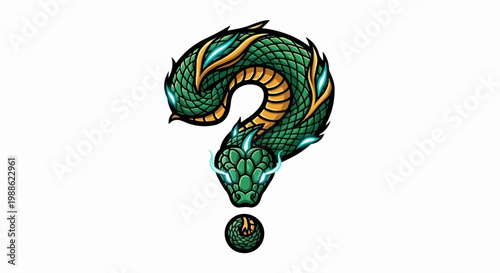 A stylized green dragon coiled to form a question mark with bright, glowing accents