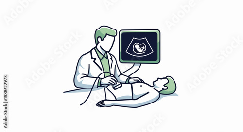 Doctor performs ultrasound on patient, displaying fetus image on screen