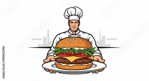 Chef presenting a large gourmet hamburger on a plate, with a city skyline in the background
