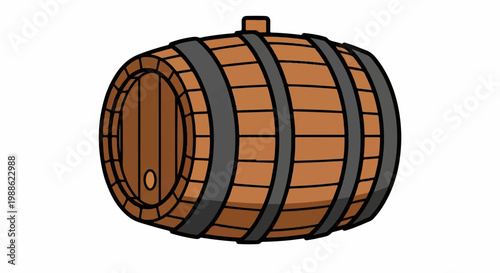 A simple, cartoon-style wooden barrel with dark metal bands and a bung hole
