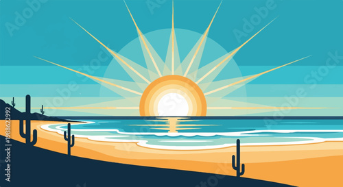 Desert beach sunrise with ocean waves, sun rays, and cactus silhouettes