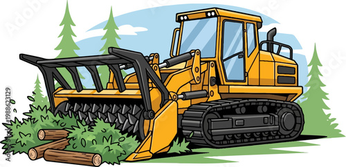 Cartoon depiction of a powerful yellow mulching tractor clearing brush and logs in a forest