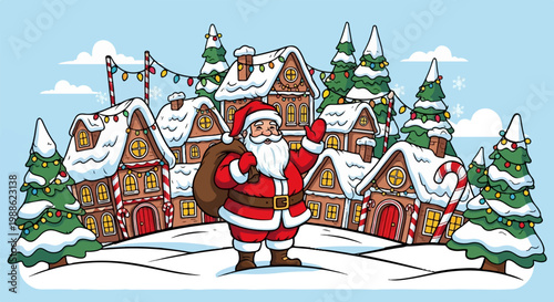 A cheerful Santa with a sack stands in a snow-covered village adorned with festive lights and trees
