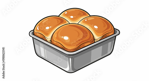 Four golden-brown dinner rolls baked in a square metal pan, glossy and inviting