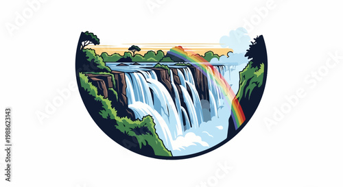 Majestic waterfalls plunge over cliffs, with a vibrant rainbow arcing through misty spray under a sunset sky