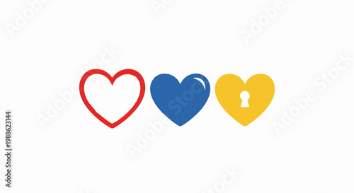Three hearts hollow red outline, solid blue, and yellow with keyhole