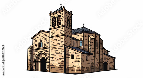 A stone church with a bell tower and crosses, rendered in a cartoon style