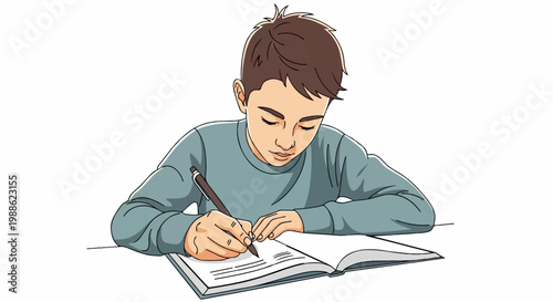 Young student diligently writes in an open book, focused on his task