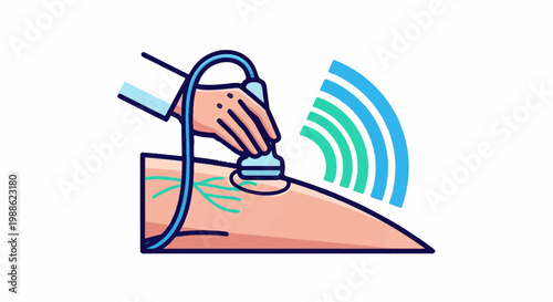 Doctor uses ultrasound probe on a limb, showing veins and signals