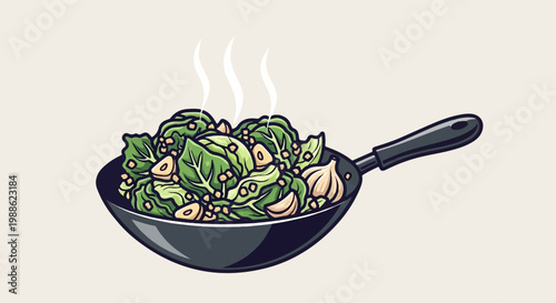 Steaming wok filled with vibrant green spinach and garlic cloves, emitting wisps of steam