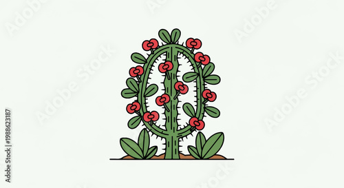 Stylized, cartoon-like cactus with vibrant red flowers and green leaves, set against a plain background