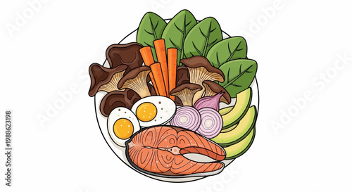 A vibrant, hand-drawn illustration of a healthy meal with fish, eggs, and fresh vegetables