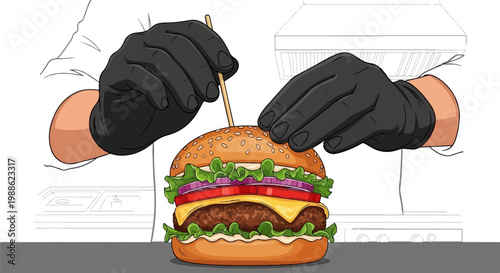 Hands in black gloves assemble a tall burger with lettuce, tomato, onion, and cheese
