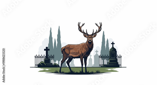 A majestic deer stands in a serene cemetery with towering trees and ornate fencing in the background