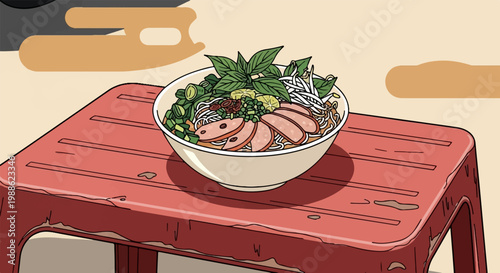 A bowl of savory noodles with meat slices and fresh greens rests on a red stool
