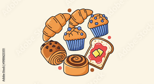 Circle of baked goods including croissants, muffins, cinnamon roll, chocolate pastry, and jam toast