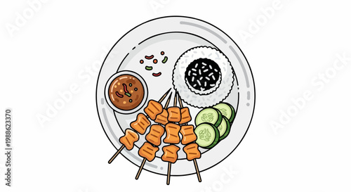 Delicious meal with skewers of grilled meat, rice, cucumber slices, and dipping sauce