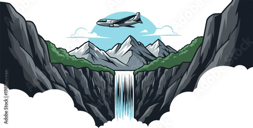 Stylized pixel art of a dramatic mountainous landscape with a cascading waterfall and a flying jet
