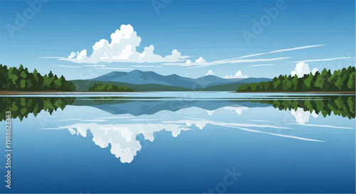 Serene pixelated landscape of a tranquil lake reflecting a sky with fluffy clouds and distant mountains