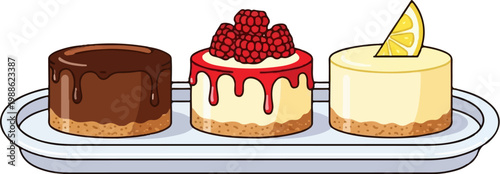 Three round, individual desserts served on a white platter