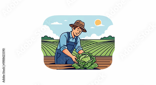 Cartoon farmer with a hat and overalls harvesting a large cabbage in a field