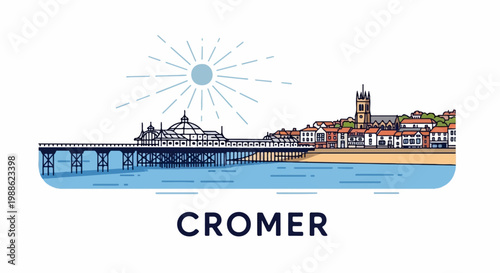 Coastal town with pier and church under a stylized sun